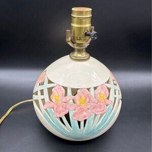 Vintage Art Pottery Lamp Pink Iris Flowers David Nelson Cut Out Floral Cottage